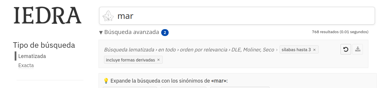 Resultados de búsqueda para 'mar': el botón de búsqueda avanzada lleva una insignia con el número 2 y, debajo, una línea descriptora dice «Búsqueda lematizada › en todo › orden por relevancia › DLE, Moliner, Seco», seguida de dos etiquetas de filtro con su × para eliminarlas: «sílabas hasta 3» e «incluye formas derivadas». A la derecha, el contador: 768 resultados (0,01 segundos).