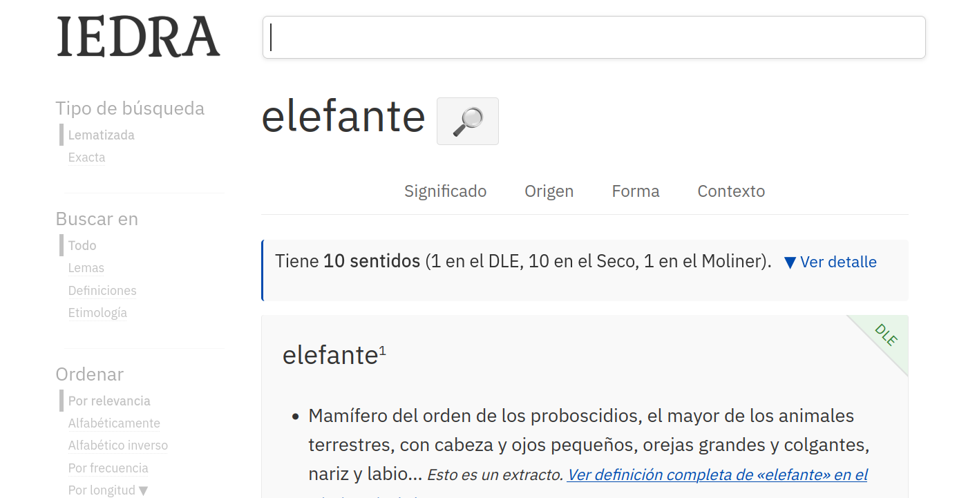 Ficha de la palabra 'elefante' con una barra de navegación bajo el título: Significado · Origen · Forma · Contexto. Debajo, un resumen que dice «Tiene 10 sentidos (1 en el DLE, 10 en el Seco, 1 en el Moliner)» y el comienzo de la definición del DLE.