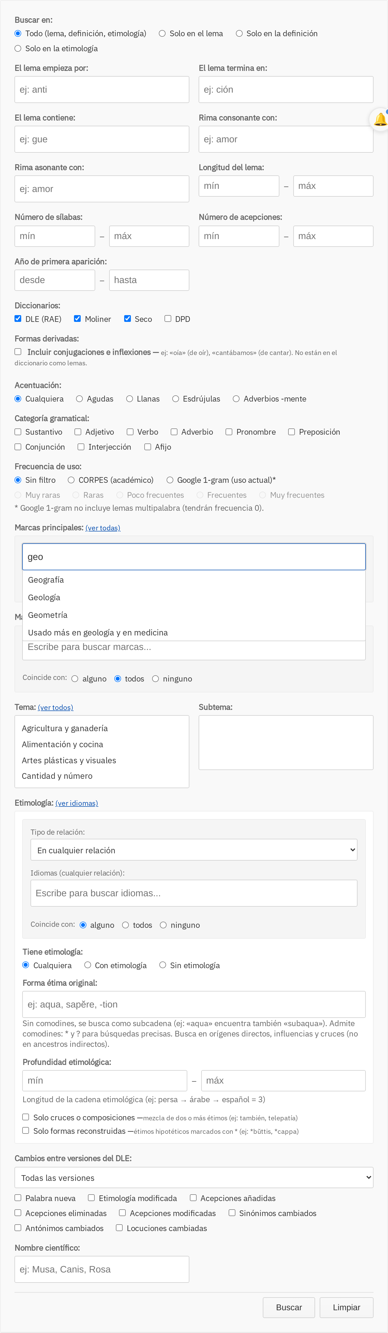 Panel de búsqueda avanzada con dos selectores de marcas (principales y secundarias). En el de principales se ha escrito 'geo' y se despliega una lista con tres opciones: Geografía, Geología, Geometría. Cada selector tiene radios para elegir el modo de coincidencia: alguno / todos / ninguno.