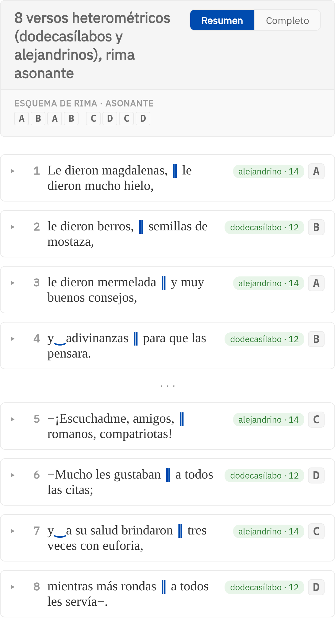 Panel de resultados de Escándimor para las dos primeras estrofas del poema. La cabecera dice «8 versos heterométricos (dodecasílabos y alejandrinos), rima asonante» y debajo el esquema de rima asonante A B A B C D C D. Siguen los ocho versos, cada uno con una doble barra azul marcando la cesura y una etiqueta verde con su medida.
