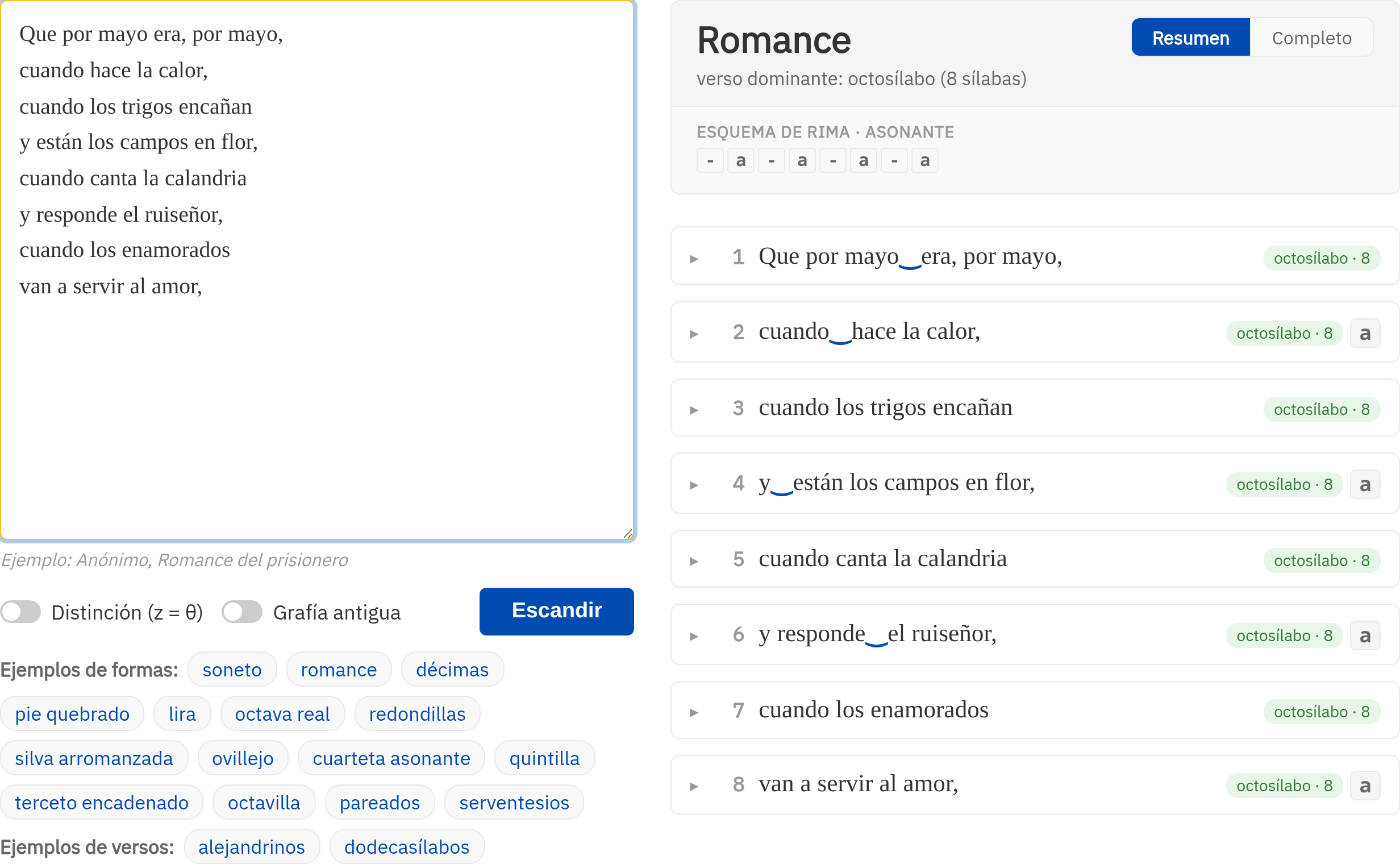 La página de Escándimor, la sección de métrica de Iedra, con el Romance del prisionero en la caja de texto de la izquierda, con su atribución «Ejemplo: Anónimo, Romance del prisionero» debajo, y su análisis a la derecha: una cabecera que dice «Romance», «verso dominante: octosílabo (8 sílabas)» y «Esquema de rima · asonante» con ocho cajitas —- a - a - a - a—, y debajo la lista de los ocho versos, cada uno con sus sinalefas marcadas con el arco ‿, una etiqueta «octosílabo · 8» y la letra a en los versos pares.
