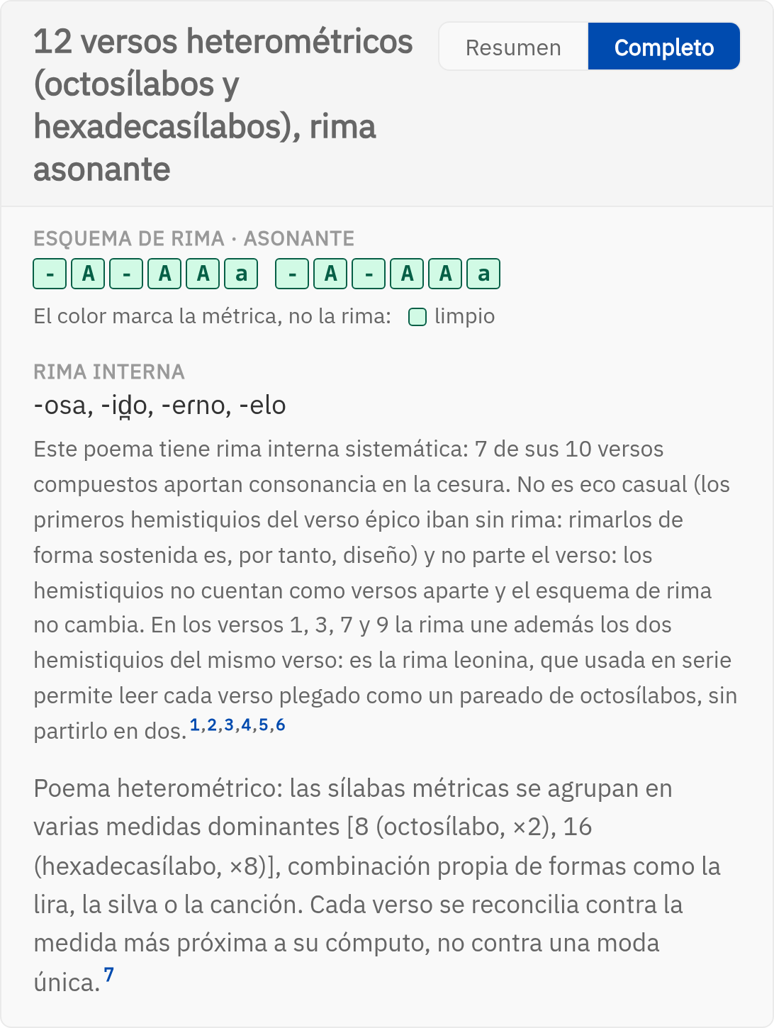 Cabecera del análisis de dos estrofas de «El cuervo»: «12 versos heterométricos (octosílabos y hexadecasílabos), rima asonante», el esquema de rima - A - A A a - A - A A a, y una fila «Rima interna» con los timbres -osa, -ido, -erno, -elo, seguida de una nota que explica que 7 de los 10 versos compuestos aportan consonancia en la cesura y que en los versos 1, 3, 7 y 9 la rima une los dos hemistiquios del mismo verso.