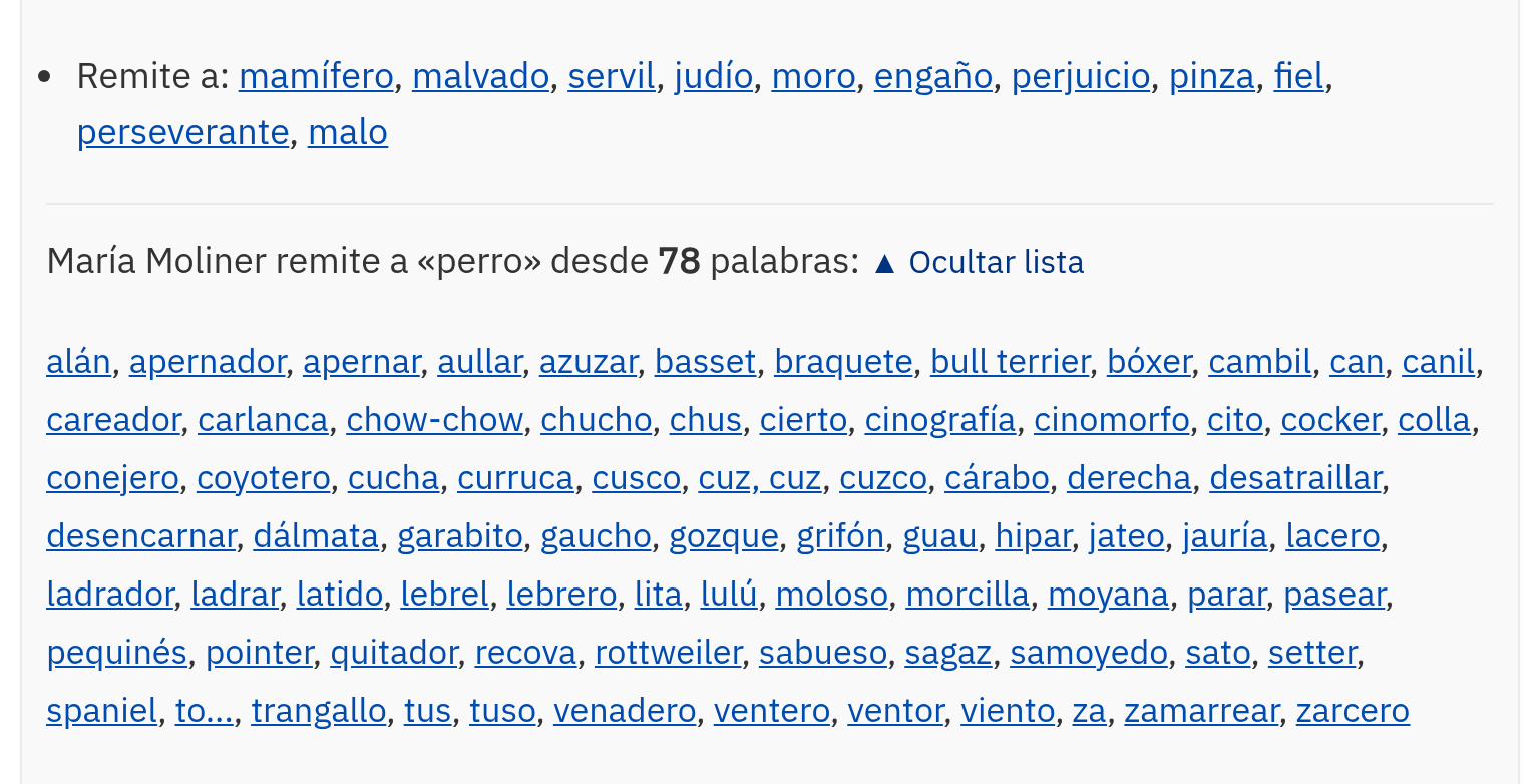 El final del bloque del Moliner en la ficha de «perro», con dos líneas: «Remite a: mamífero, malvado, servil, judío, moro, engaño, perjuicio, pinza, fiel, perseverante, malo» y «María Moliner remite a “perro” desde 78 palabras», seguida de la lista desplegada: alán, apernador, apernar, aullar, azuzar, basset, braquete, bull terrier, bóxer, cambil, can, canil, careador, carlanca, chow-chow, chucho…